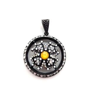 Stunning Black Metal Beaded Rhinestone Large Floral Open Goth Pendant